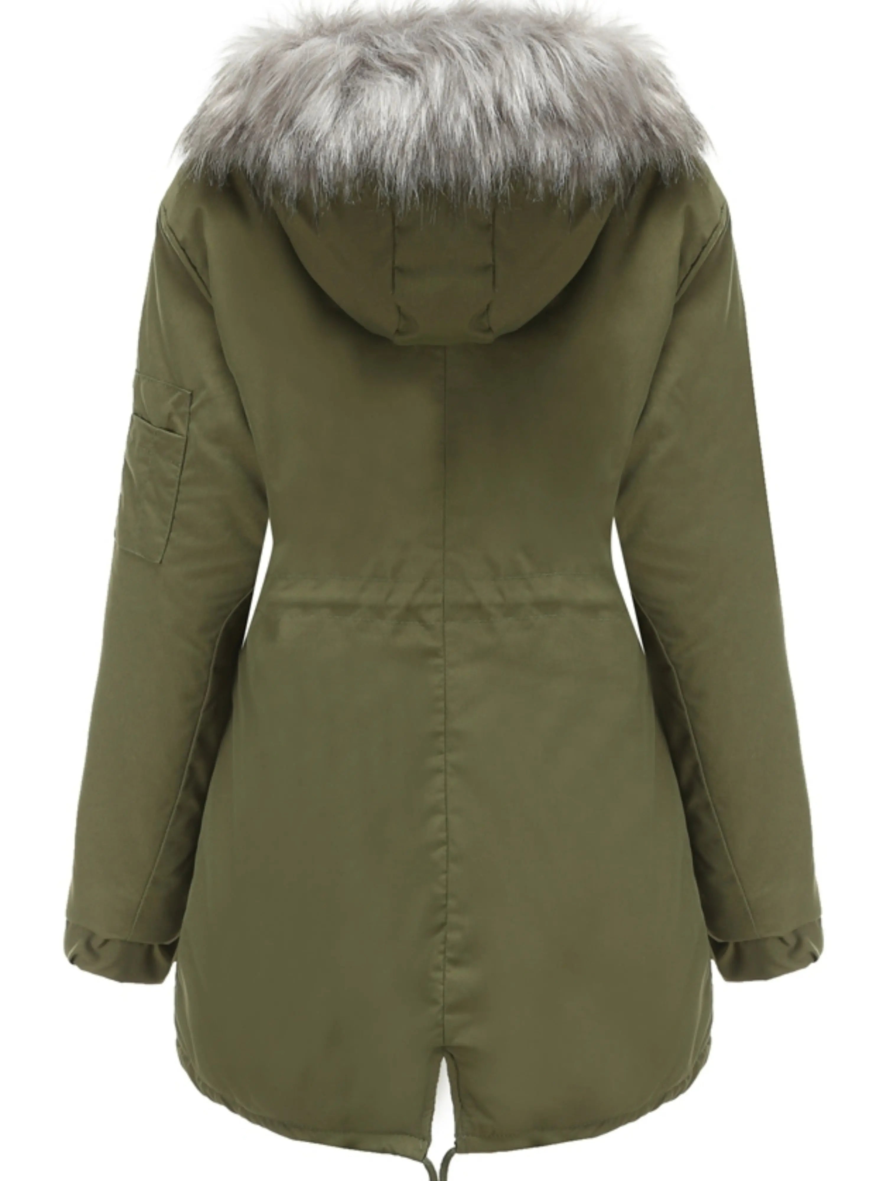 Zip-up Fuzzy Hoodie Parka Coat, Casual Thermal Long Sleeve Drawstring Waist Faux Fur Lined Warm Coat For Fall & Winter, Women's Clothing SS69