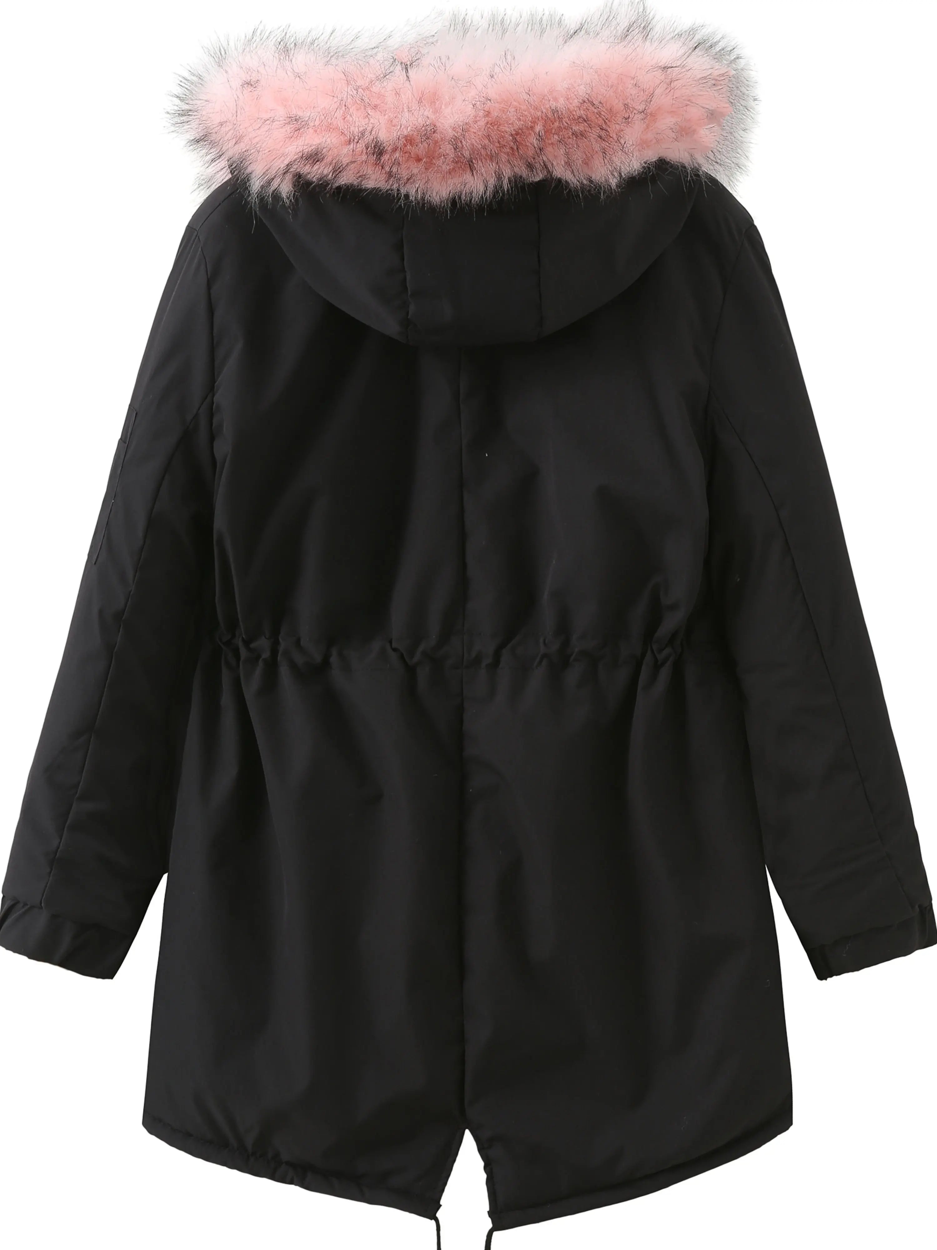 Zip-up Fuzzy Hoodie Parka Coat, Casual Thermal Long Sleeve Drawstring Waist Faux Fur Lined Warm Coat For Fall & Winter, Women's Clothing SS69