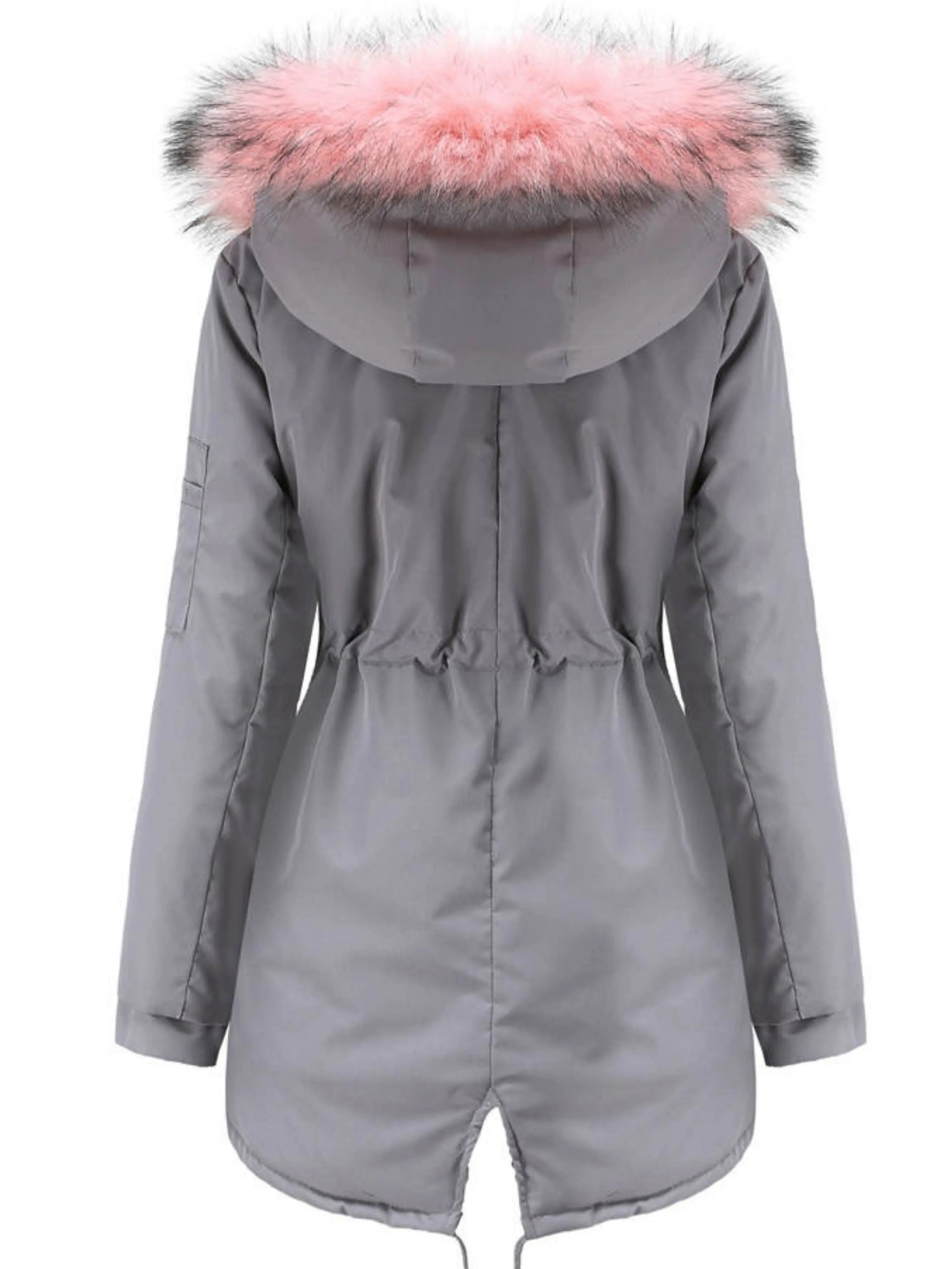Zip-up Fuzzy Hoodie Parka Coat, Casual Thermal Long Sleeve Drawstring Waist Faux Fur Lined Warm Coat For Fall & Winter, Women's Clothing SS69