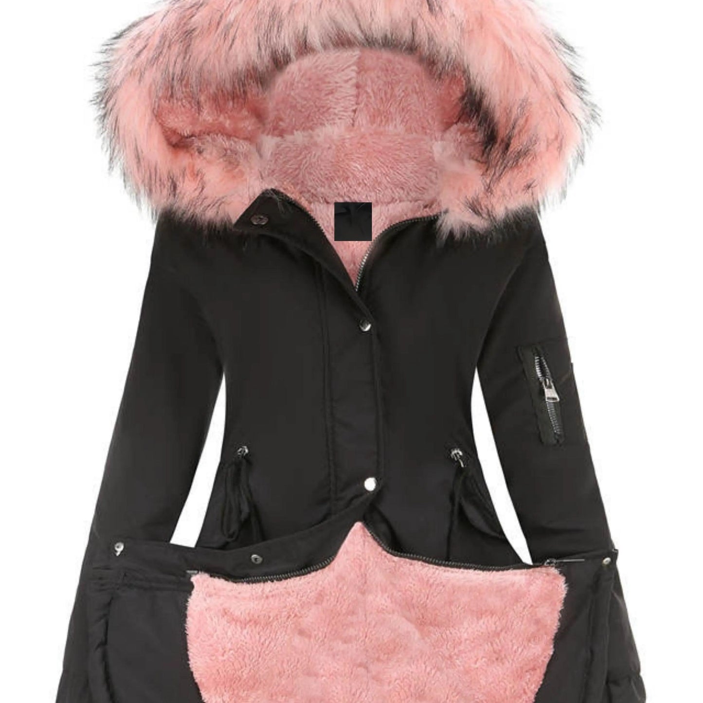 Zip-up Fuzzy Hoodie Parka Coat, Casual Thermal Long Sleeve Drawstring Waist Faux Fur Lined Warm Coat For Fall & Winter, Women's Clothing - SS69