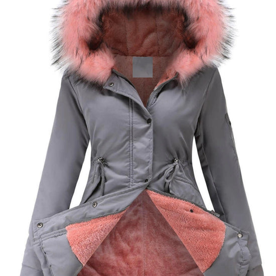 Zip-up Fuzzy Hoodie Parka Coat, Casual Thermal Long Sleeve Drawstring Waist Faux Fur Lined Warm Coat For Fall & Winter, Women's Clothing - SS69