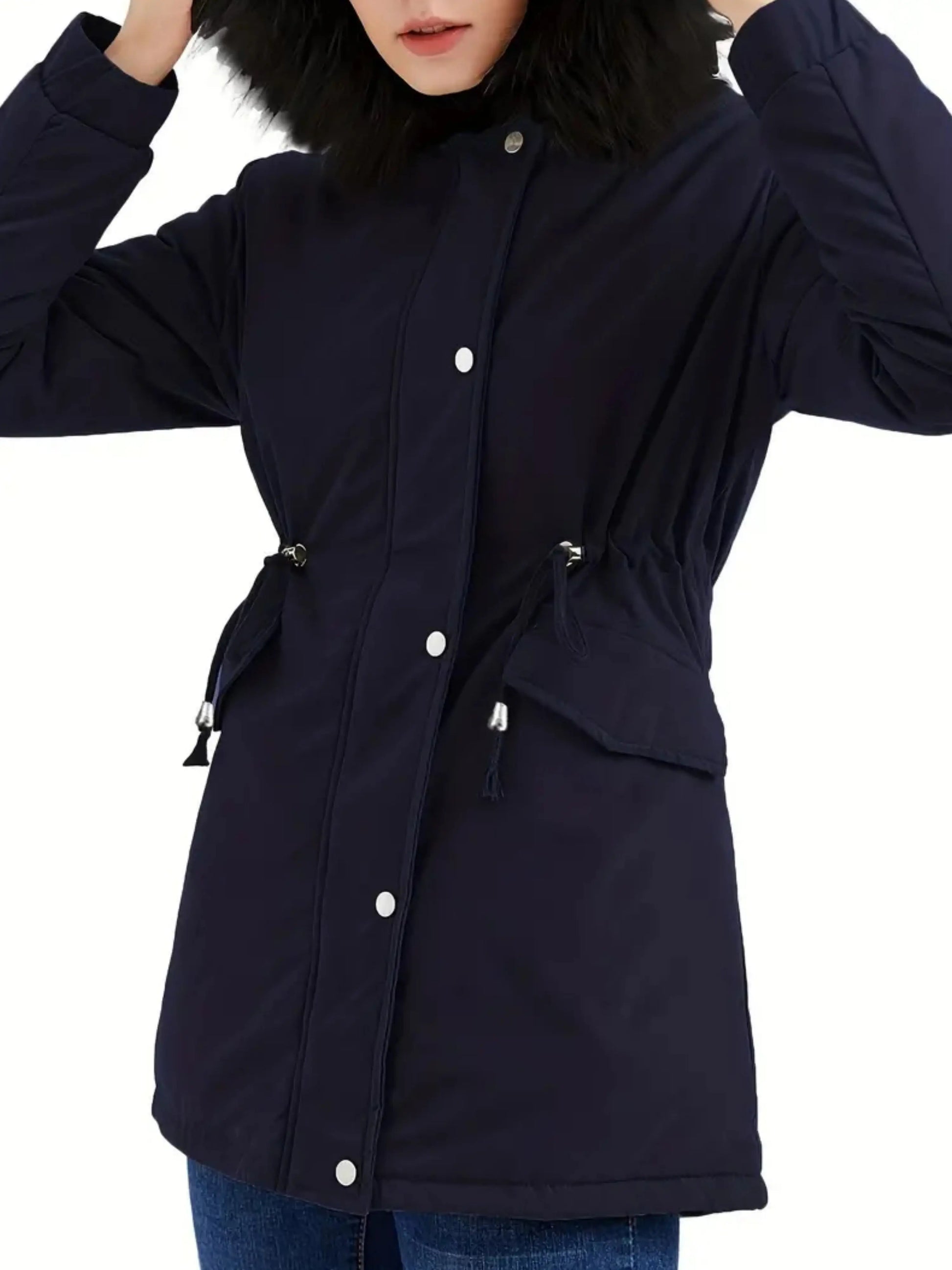 Zip-up Fuzzy Hoodie Parka Coat, Casual Thermal Long Sleeve Drawstring Waist Faux Fur Lined Warm Coat For Fall & Winter, Women's Clothing SS69