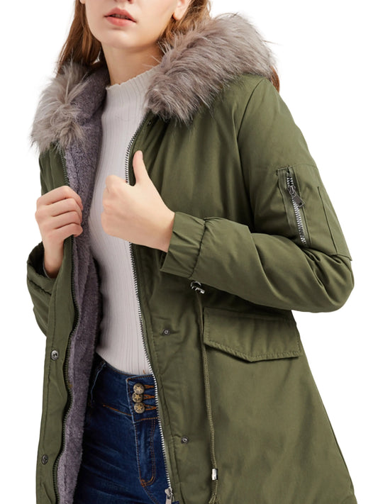 Zip-up Fuzzy Hoodie Parka Coat, Casual Thermal Long Sleeve Drawstring Waist Faux Fur Lined Warm Coat For Fall & Winter, Women's Clothing SS69