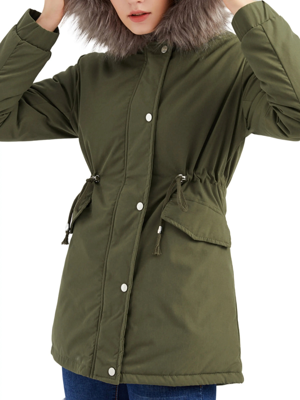 Zip-up Fuzzy Hoodie Parka Coat, Casual Thermal Long Sleeve Drawstring Waist Faux Fur Lined Warm Coat For Fall & Winter, Women's Clothing SS69