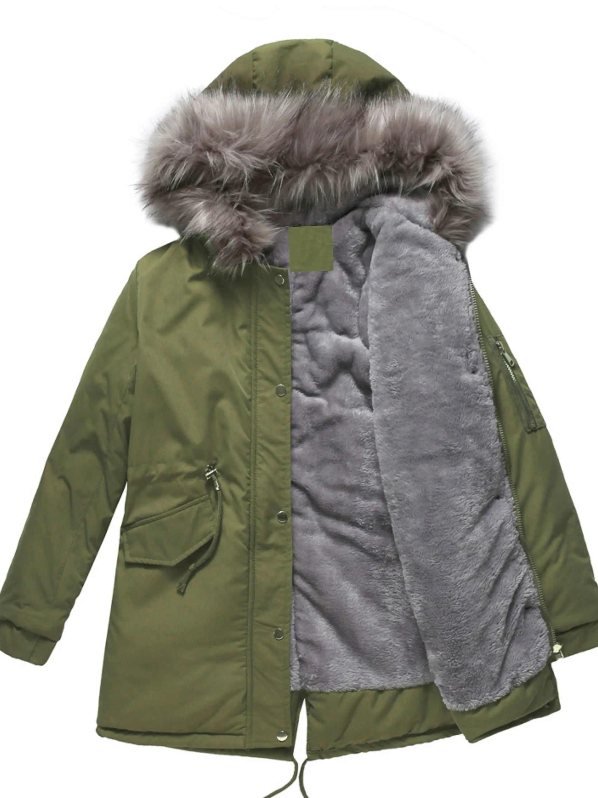 Zip-up Fuzzy Hoodie Parka Coat, Casual Thermal Long Sleeve Drawstring Waist Faux Fur Lined Warm Coat For Fall & Winter, Women's Clothing SS69