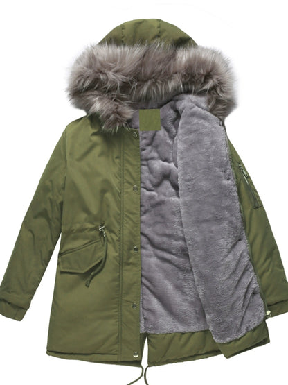 Zip-up Fuzzy Hoodie Parka Coat, Casual Thermal Long Sleeve Drawstring Waist Faux Fur Lined Warm Coat For Fall & Winter, Women's Clothing SS69