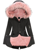 Zip-up Fuzzy Hoodie Parka Coat, Casual Thermal Long Sleeve Drawstring Waist Faux Fur Lined Warm Coat For Fall & Winter, Women's Clothing SS69