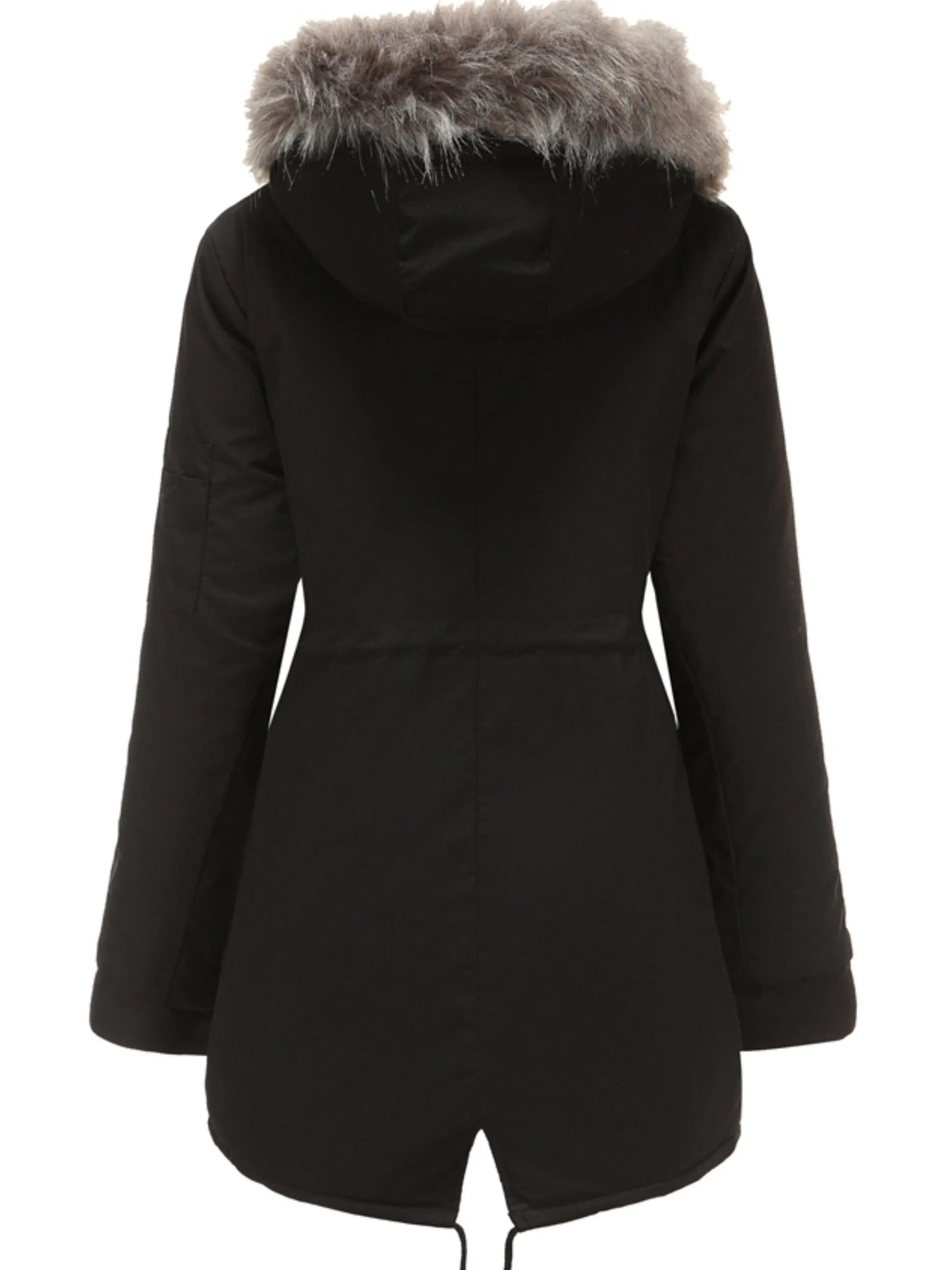 Zip-up Fuzzy Hoodie Parka Coat, Casual Thermal Long Sleeve Drawstring Waist Faux Fur Lined Warm Coat For Fall & Winter, Women's Clothing SS69