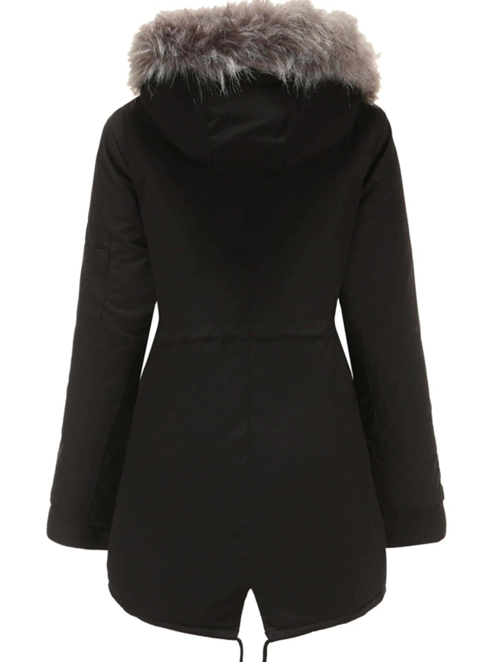 Zip-up Fuzzy Hoodie Parka Coat, Casual Thermal Long Sleeve Drawstring Waist Faux Fur Lined Warm Coat For Fall & Winter, Women's Clothing SS69