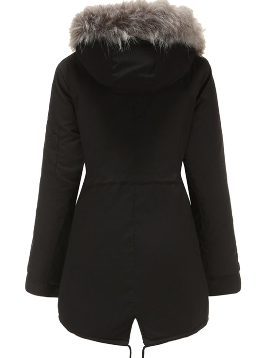 Zip-up Fuzzy Hoodie Parka Coat, Casual Thermal Long Sleeve Drawstring Waist Faux Fur Lined Warm Coat For Fall & Winter, Women's Clothing SS69