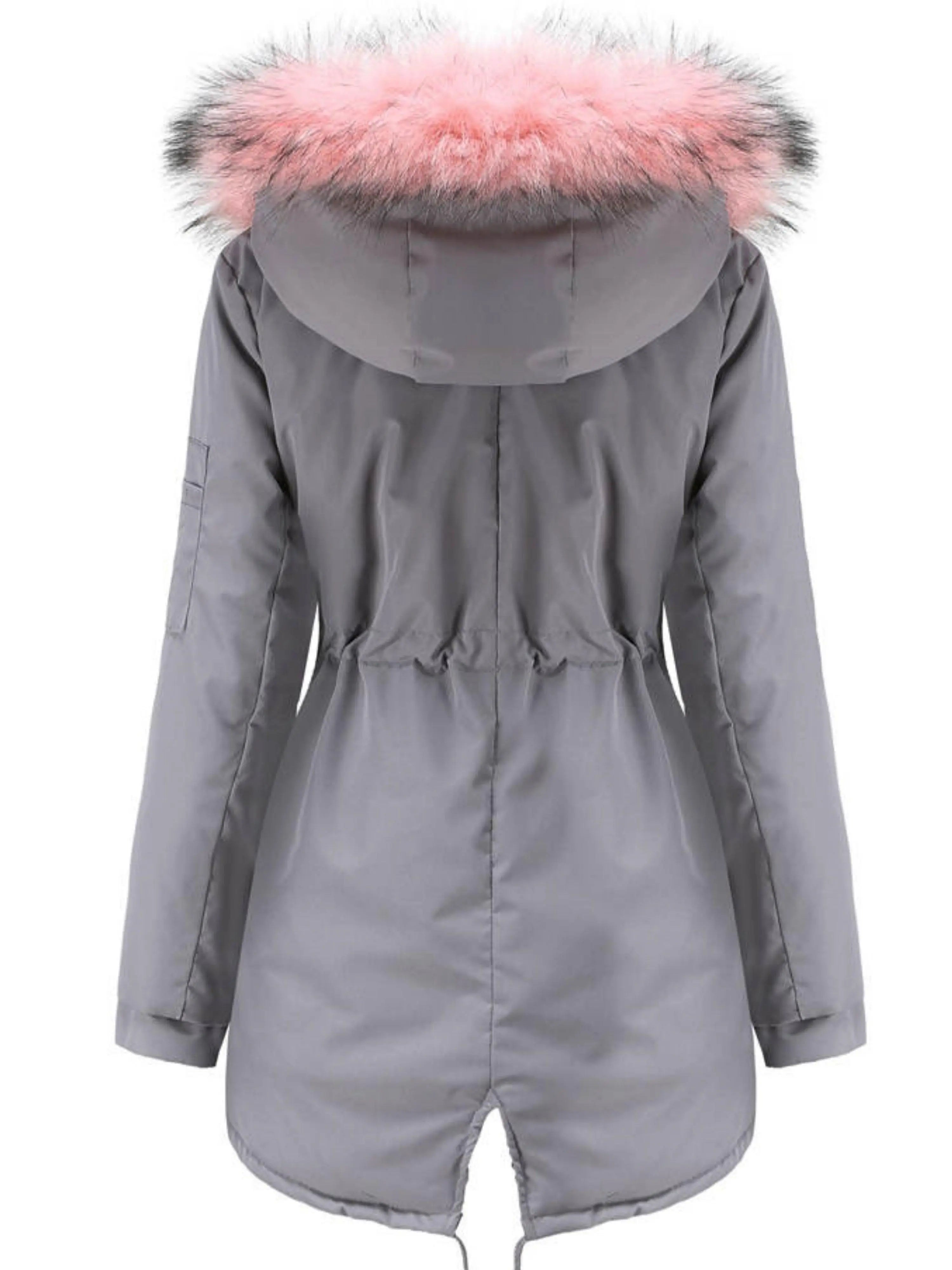 Zip-up Fuzzy Hoodie Parka Coat, Casual Thermal Long Sleeve Drawstring Waist Faux Fur Lined Warm Coat For Fall & Winter, Women's Clothing SS69