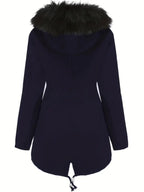 Zip-up Fuzzy Hoodie Parka Coat, Casual Thermal Long Sleeve Drawstring Waist Faux Fur Lined Warm Coat For Fall & Winter, Women's Clothing SS69