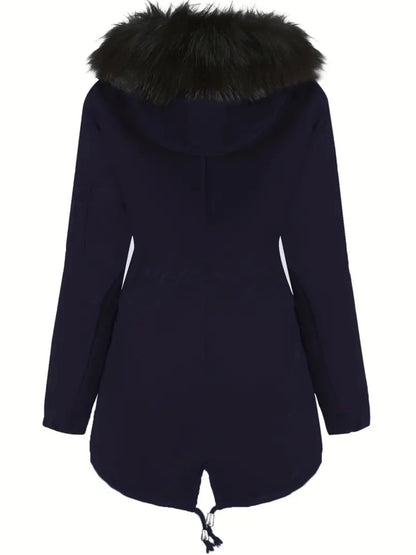 Zip-up Fuzzy Hoodie Parka Coat, Casual Thermal Long Sleeve Drawstring Waist Faux Fur Lined Warm Coat For Fall & Winter, Women's Clothing SS69
