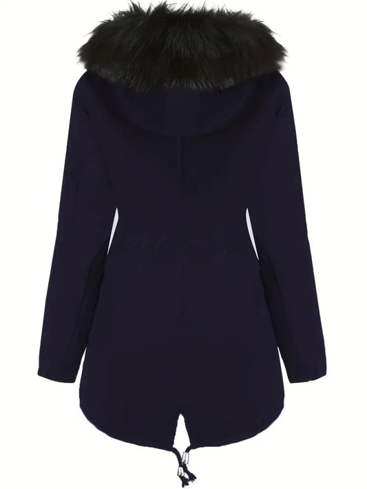 Zip-up Fuzzy Hoodie Parka Coat, Casual Thermal Long Sleeve Drawstring Waist Faux Fur Lined Warm Coat For Fall & Winter, Women's Clothing SS69