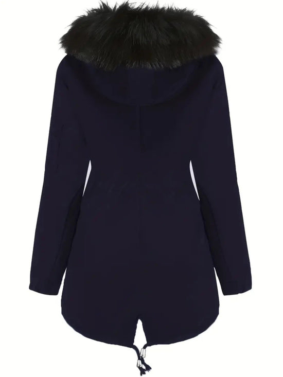 Zip-up Fuzzy Hoodie Parka Coat, Casual Thermal Long Sleeve Drawstring Waist Faux Fur Lined Warm Coat For Fall & Winter, Women's Clothing SS69