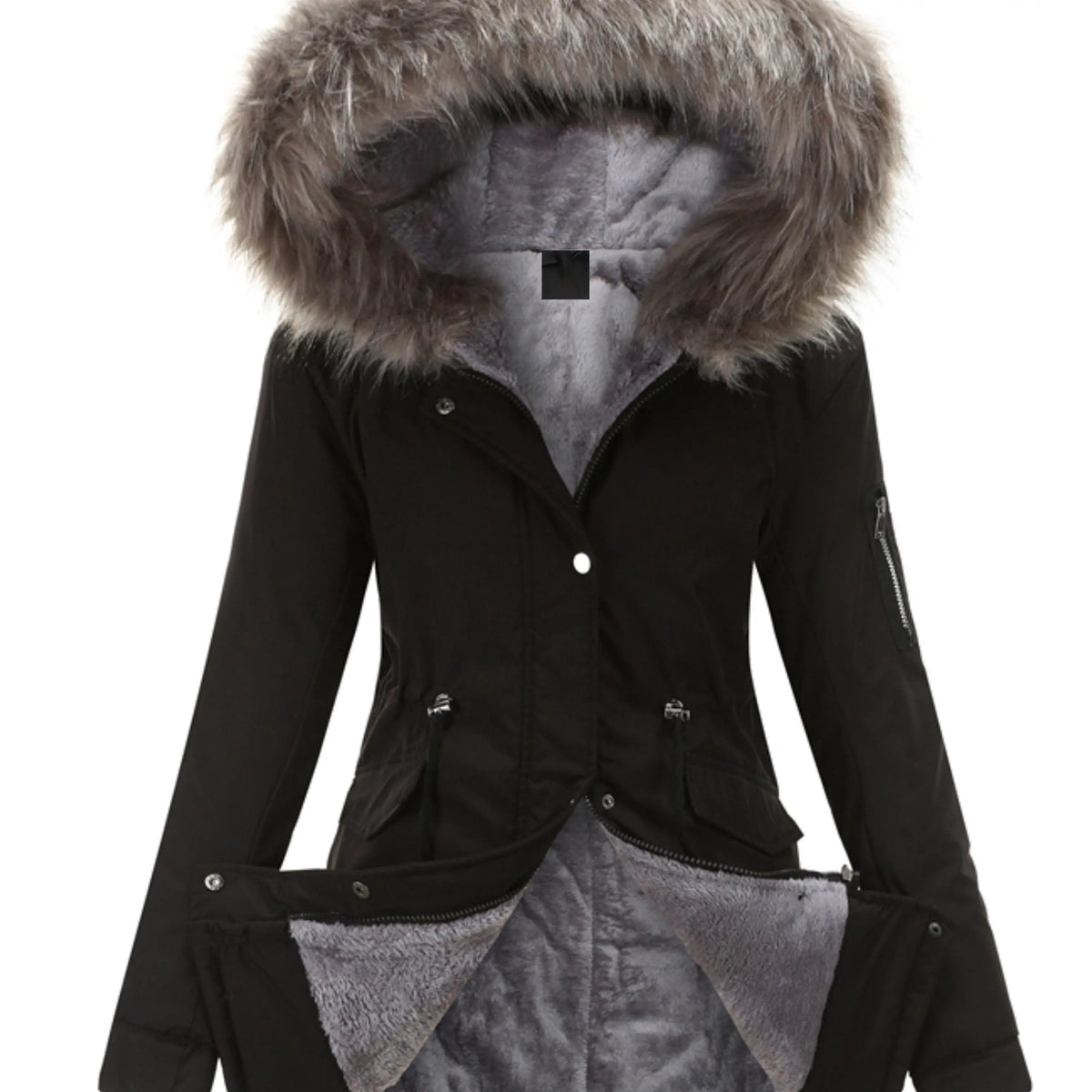 Zip-up Fuzzy Hoodie Parka Coat, Casual Thermal Long Sleeve Drawstring Waist Faux Fur Lined Warm Coat For Fall & Winter, Women's Clothing SS69