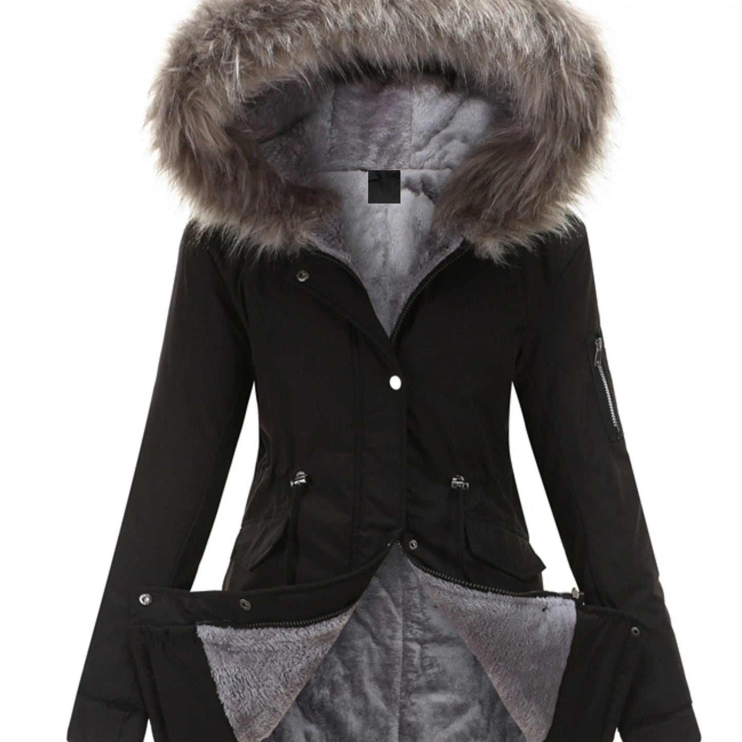 Zip-up Fuzzy Hoodie Parka Coat, Casual Thermal Long Sleeve Drawstring Waist Faux Fur Lined Warm Coat For Fall & Winter, Women's Clothing SS69