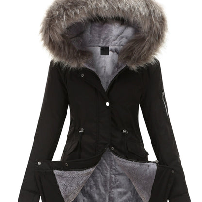 Zip-up Fuzzy Hoodie Parka Coat, Casual Thermal Long Sleeve Drawstring Waist Faux Fur Lined Warm Coat For Fall & Winter, Women's Clothing SS69