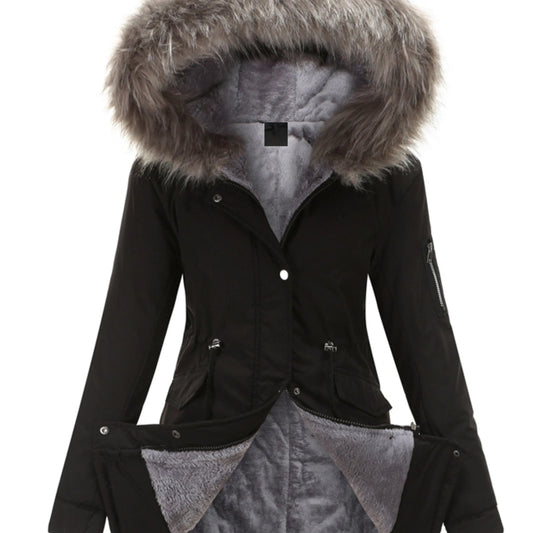 Zip-up Fuzzy Hoodie Parka Coat, Casual Thermal Long Sleeve Drawstring Waist Faux Fur Lined Warm Coat For Fall & Winter, Women's Clothing SS69