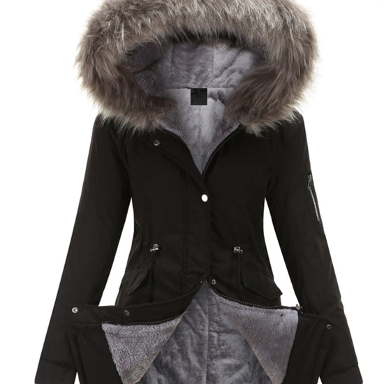 Zip-up Fuzzy Hoodie Parka Coat, Casual Thermal Long Sleeve Drawstring Waist Faux Fur Lined Warm Coat For Fall & Winter, Women's Clothing SS69