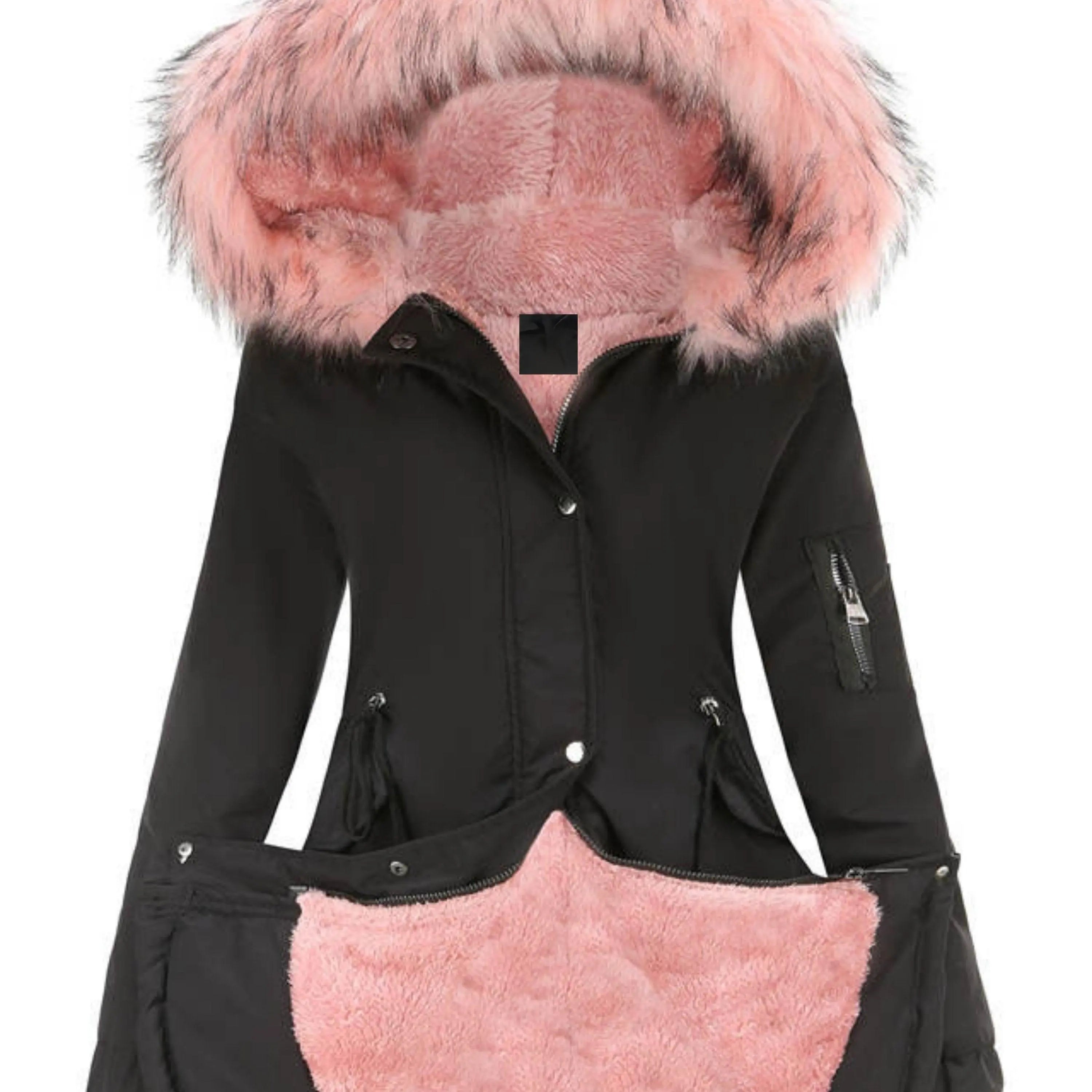 Zip-up Fuzzy Hoodie Parka Coat, Casual Thermal Long Sleeve Drawstring Waist Faux Fur Lined Warm Coat For Fall & Winter, Women's Clothing SS69