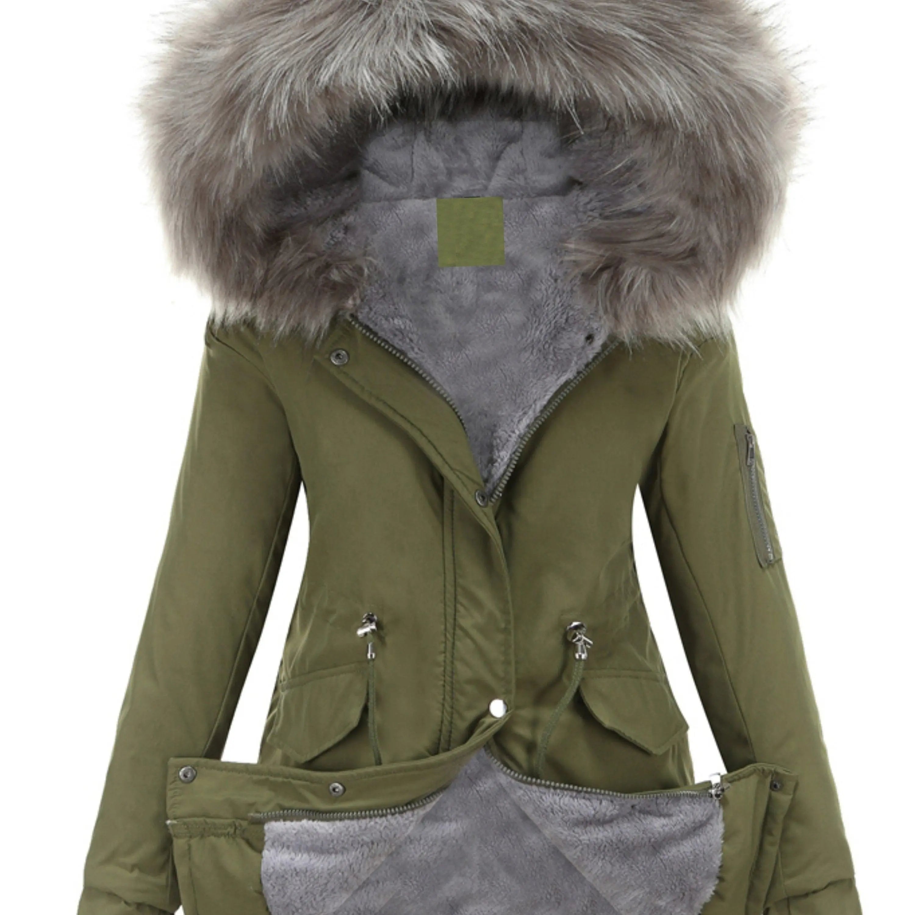 Zip-up Fuzzy Hoodie Parka Coat, Casual Thermal Long Sleeve Drawstring Waist Faux Fur Lined Warm Coat For Fall & Winter, Women's Clothing SS69