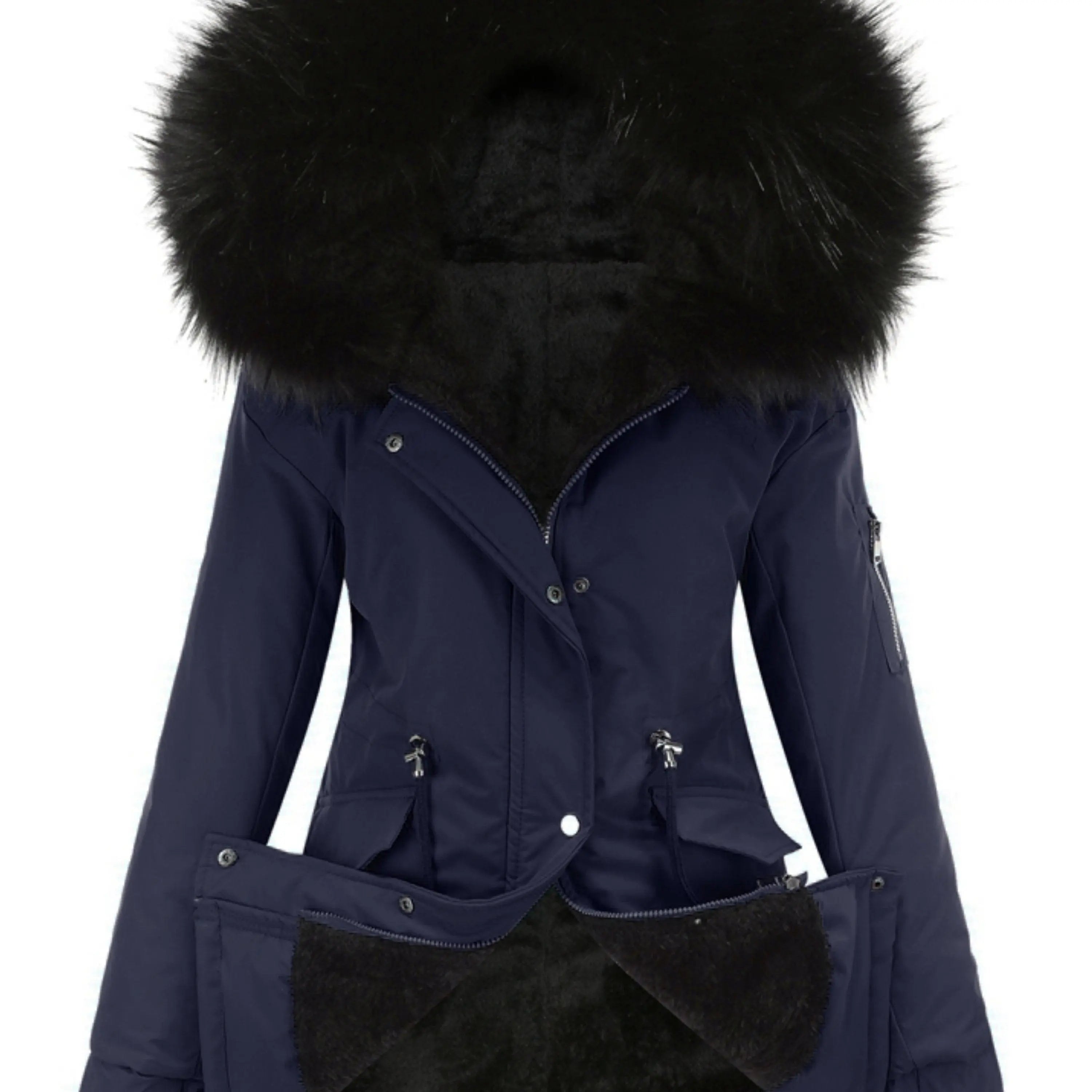 Zip-up Fuzzy Hoodie Parka Coat, Casual Thermal Long Sleeve Drawstring Waist Faux Fur Lined Warm Coat For Fall & Winter, Women's Clothing SS69