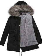 Zip-up Fuzzy Hoodie Parka Coat, Casual Thermal Long Sleeve Drawstring Waist Faux Fur Lined Warm Coat For Fall & Winter, Women's Clothing SS69
