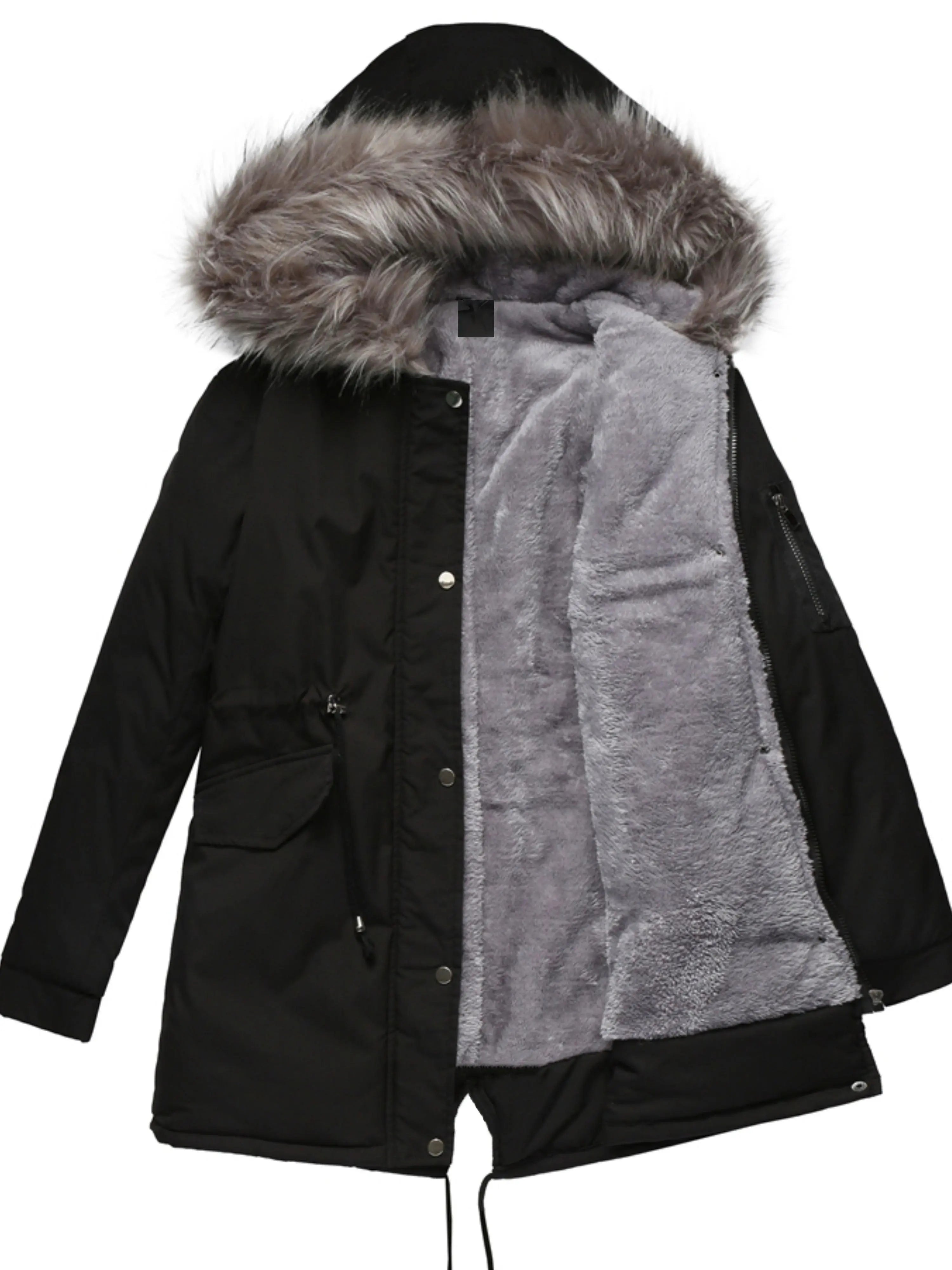 Zip-up Fuzzy Hoodie Parka Coat, Casual Thermal Long Sleeve Drawstring Waist Faux Fur Lined Warm Coat For Fall & Winter, Women's Clothing SS69