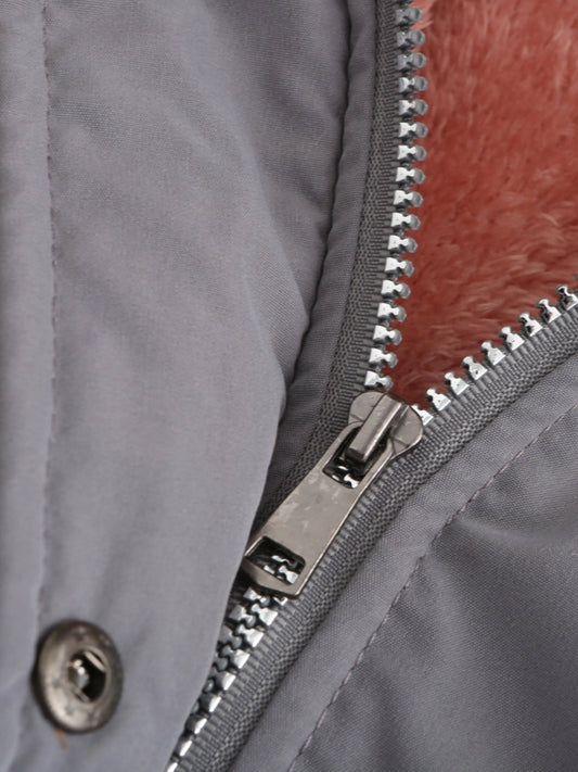 Zip-up Fuzzy Hoodie Parka Coat, Casual Thermal Long Sleeve Drawstring Waist Faux Fur Lined Warm Coat For Fall & Winter, Women's Clothing SS69