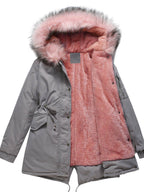 Zip-up Fuzzy Hoodie Parka Coat, Casual Thermal Long Sleeve Drawstring Waist Faux Fur Lined Warm Coat For Fall & Winter, Women's Clothing SS69