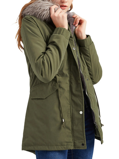 Zip-up Fuzzy Hoodie Parka Coat, Casual Thermal Long Sleeve Drawstring Waist Faux Fur Lined Warm Coat For Fall & Winter, Women's Clothing SS69