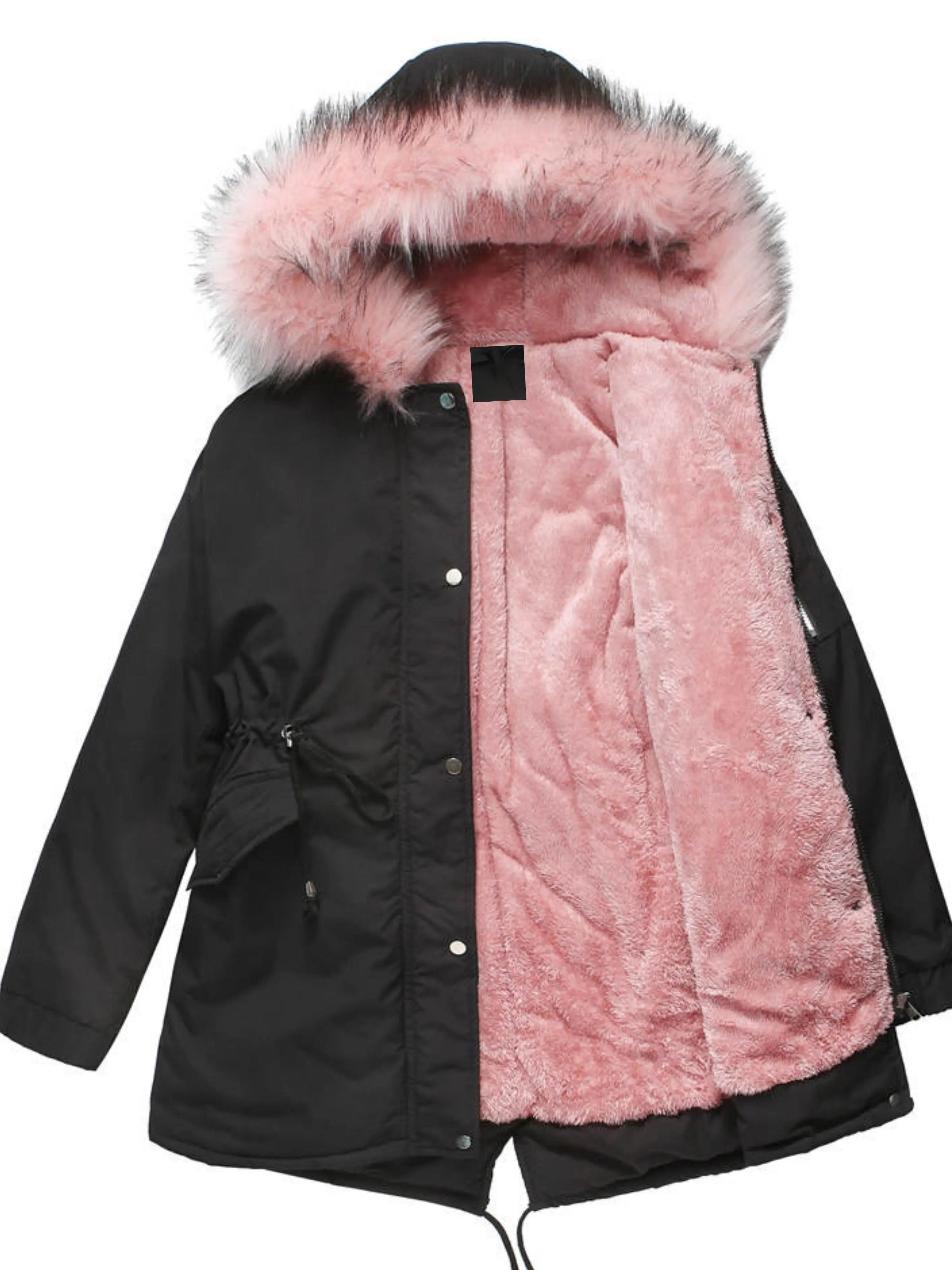 Zip-up Fuzzy Hoodie Parka Coat, Casual Thermal Long Sleeve Drawstring Waist Faux Fur Lined Warm Coat For Fall & Winter, Women's Clothing SS69