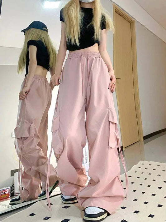 Zoki Pink Streetwear Cargo Pants Women Loose Harajuku Y2K Straight Trousers American Retro Hip Hop Casual Bf Wide Leg Pants New SS69