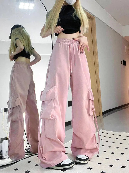 Zoki Pink Streetwear Cargo Pants Women Loose Harajuku Y2K Straight Trousers American Retro Hip Hop Casual Bf Wide Leg Pants New SS69