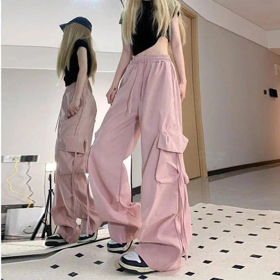 Zoki Pink Streetwear Cargo Pants Women Loose Harajuku Y2K Straight Trousers American Retro Hip Hop Casual Bf Wide Leg Pants New SS69