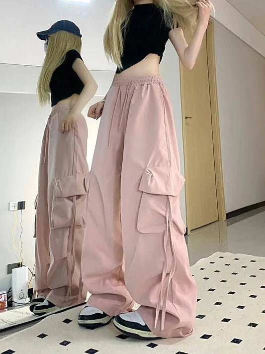 Zoki Pink Streetwear Cargo Pants Women Loose Harajuku Y2K Straight Trousers American Retro Hip Hop Casual Bf Wide Leg Pants New SS69