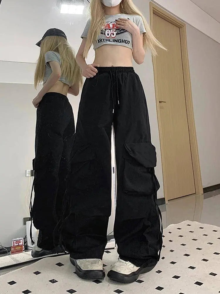 Zoki Pink Streetwear Cargo Pants Women Loose Harajuku Y2K Straight Trousers American Retro Hip Hop Casual Bf Wide Leg Pants New SS69 20.69 black / L