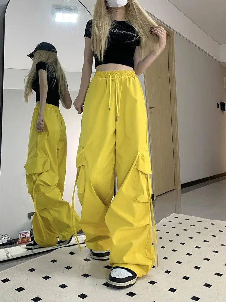 Zoki Pink Streetwear Cargo Pants Women Loose Harajuku Y2K Straight Trousers American Retro Hip Hop Casual Bf Wide Leg Pants New SS69 20.69 Yellow / XXXL