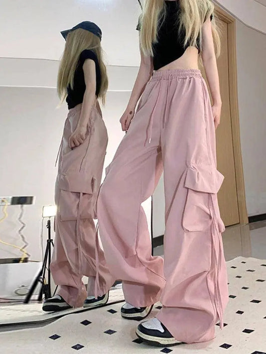 Zoki Pink Streetwear Cargo Pants Women Loose Harajuku Y2K Straight Trousers American Retro Hip Hop Casual Bf Wide Leg Pants New SS69 20.69 Pink / XXL