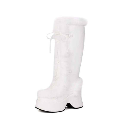 Women's Y2K Goth Boots/Faux Fur Knee-High Platform Winter/Chunky Heel & Lace-Up Closure/Warm Pink Furry Collar/Square Toe/Thick Rubber Sole & PU Cover/Cozy Snow Boots for Christmas, Parties & Casual Attire/Cold Weather Footwe