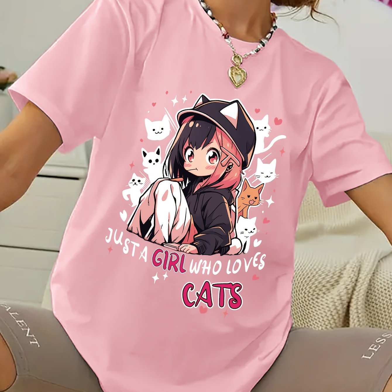 Anime Print T-shirt, Casual Short Sleeve Crew Neck Top For Spring & Summer, Women's Clothing SS69 11.69 Pink / XXL
