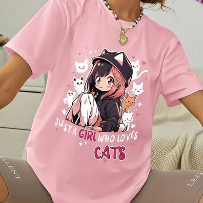 Anime Print T-shirt, Casual Short Sleeve Crew Neck Top For Spring & Summer, Women's Clothing SS69 11.69 Pink / XXL