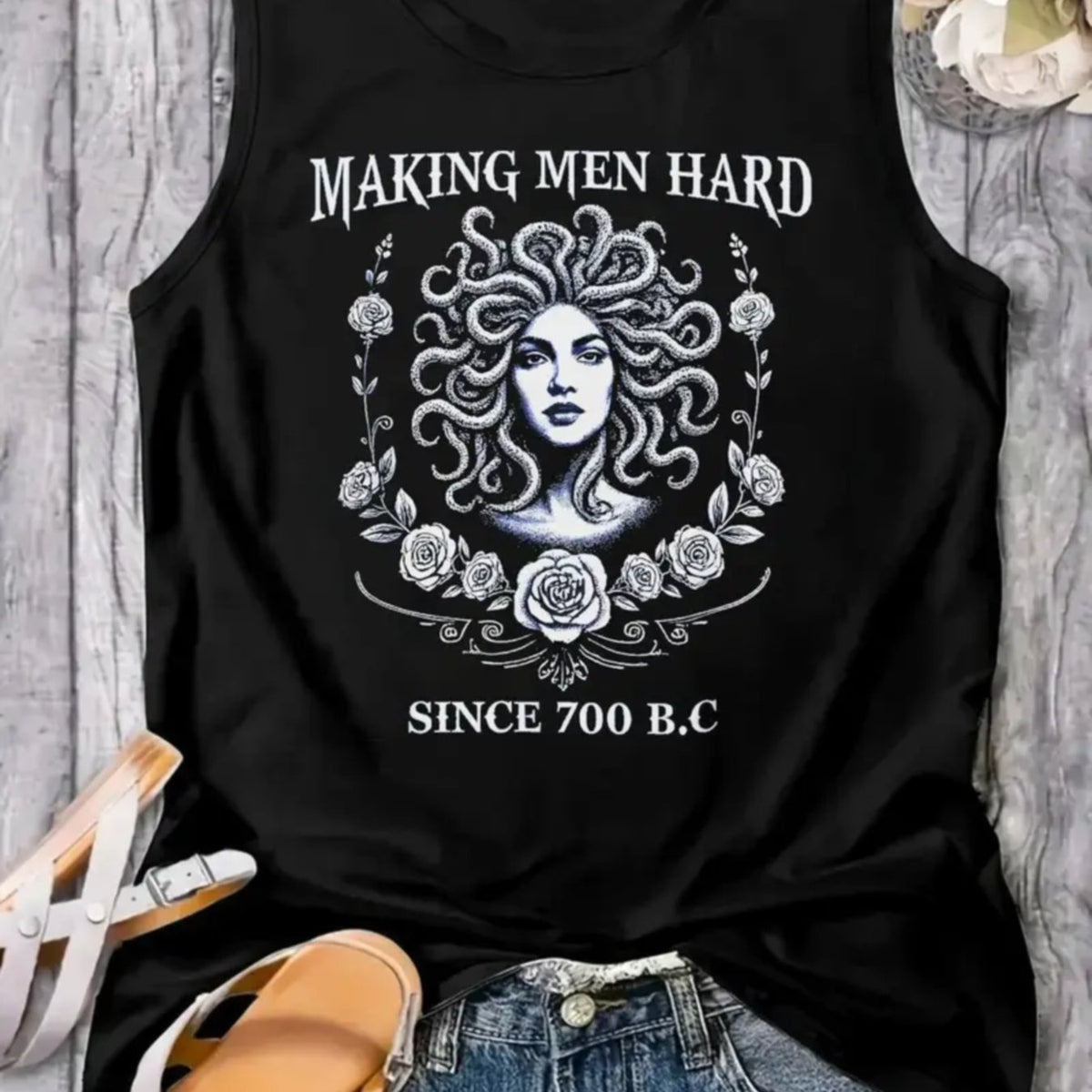 Women's Black Sleeveless Blouse - Greek Mythology Medusa Graphic Tank top, Medium Stretch Fabric for,,, Everyday Casual Outfits - Machine Washable Summer Beach Party Outfit, Apparel, Bold Graphic Print, Comfortable Fit, Cloth - SS69 