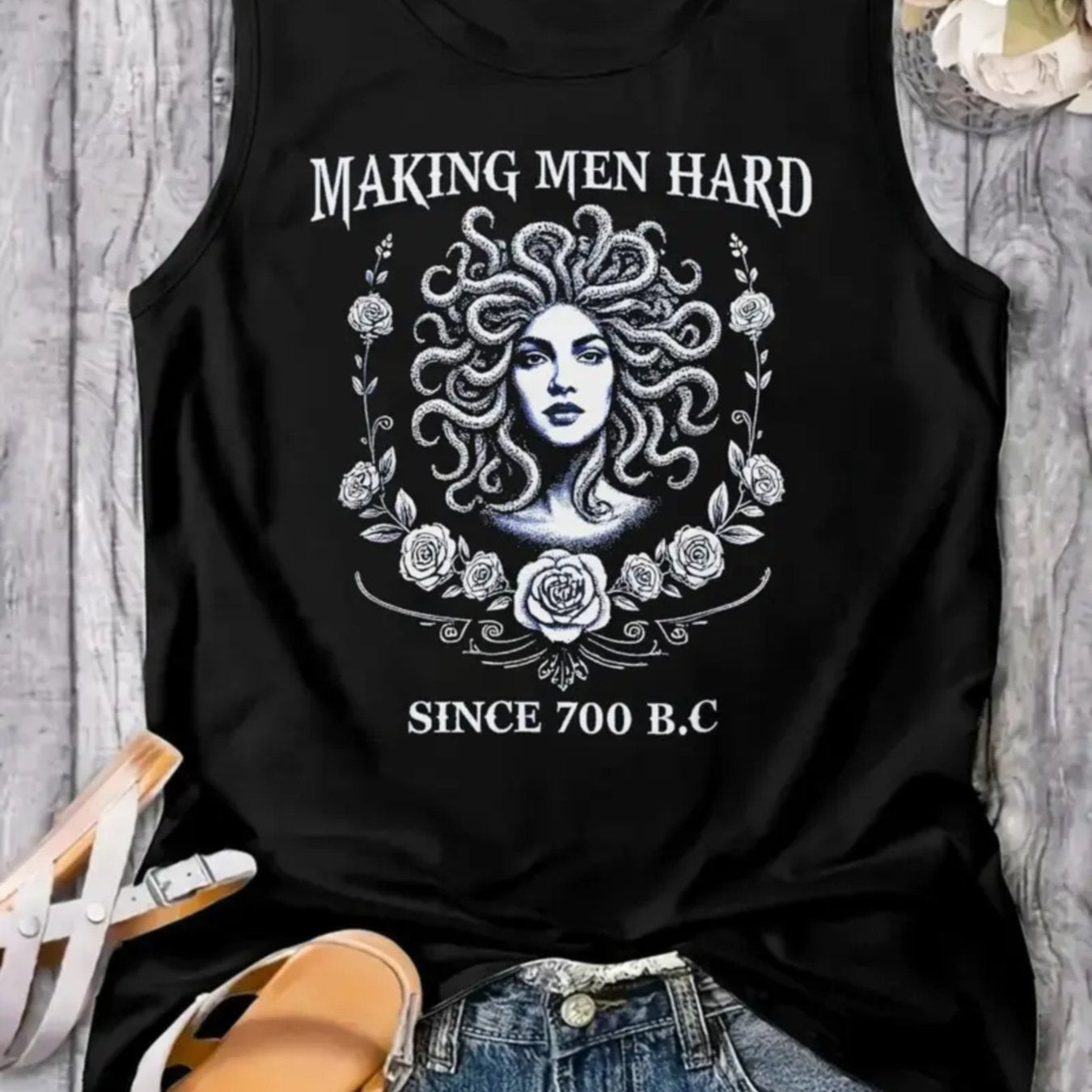 Women's Black Sleeveless Blouse - Greek Mythology Medusa Graphic Tank top, Medium Stretch Fabric for,,, Everyday Casual Outfits - Machine Washable Summer Beach Party Outfit, Apparel, Bold Graphic Print, Comfortable Fit, Cloth - SS69 