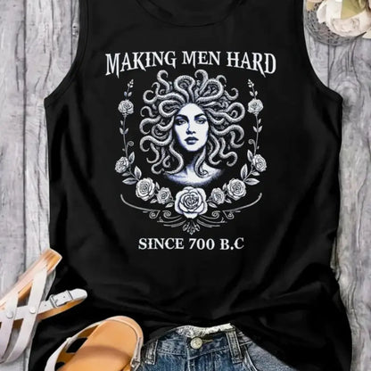 Women's Black Sleeveless Blouse - Greek Mythology Medusa Graphic Tank top, Medium Stretch Fabric for,,, Everyday Casual Outfits - Machine Washable Summer Beach Party Outfit, Apparel, Bold Graphic Print, Comfortable Fit, Cloth - SS69 