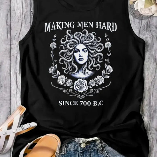 Women's Black Sleeveless Blouse - Greek Mythology Medusa Graphic Tank top, Medium Stretch Fabric for,,, Everyday Casual Outfits - Machine Washable Summer Beach Party Outfit, Apparel, Bold Graphic Print, Comfortable Fit, Cloth - SS69 