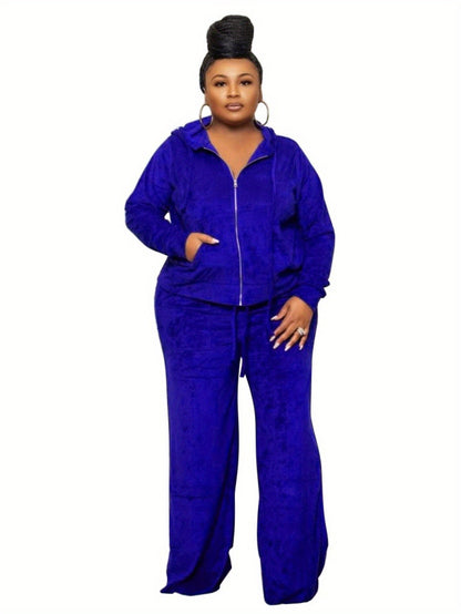 Plus Size - New Autumn And Winter Women'S Clothing in Large Sizes Featuring Solid Color Casual High-Waisted Wide-Leg Pants in a Two-Piece Set.