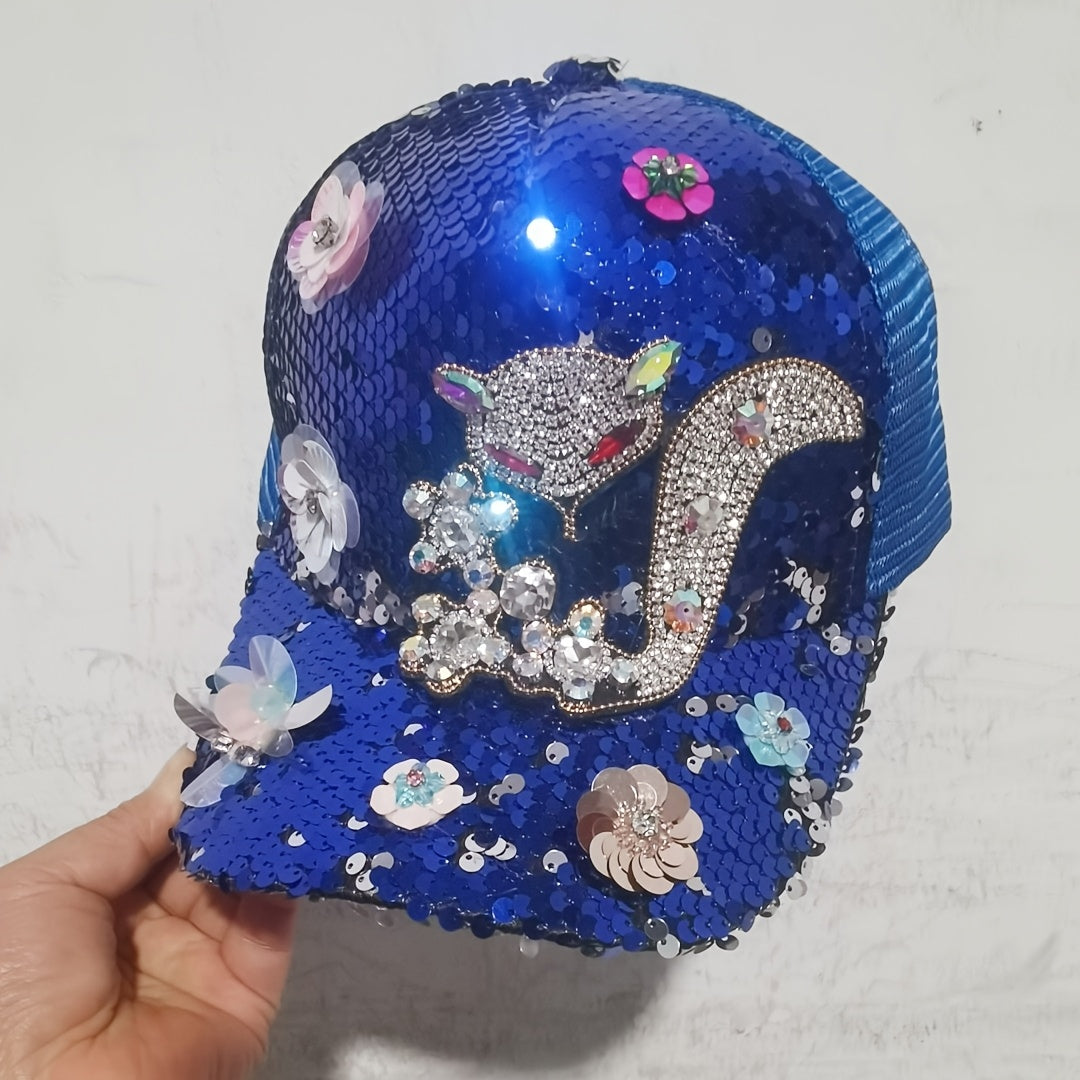 [Anime Baseball Cap] Anime Theme Women's Fashion Baseball Cap - Breathable Mesh, Adjustable Fit, Rhinestones and Floral Embellishments, Hot-stamping Craftsmanship, Sparkling Sequin Duckbill Hat, Carnival/Mardi Gras/Masquerade SS69 13.69 Blue