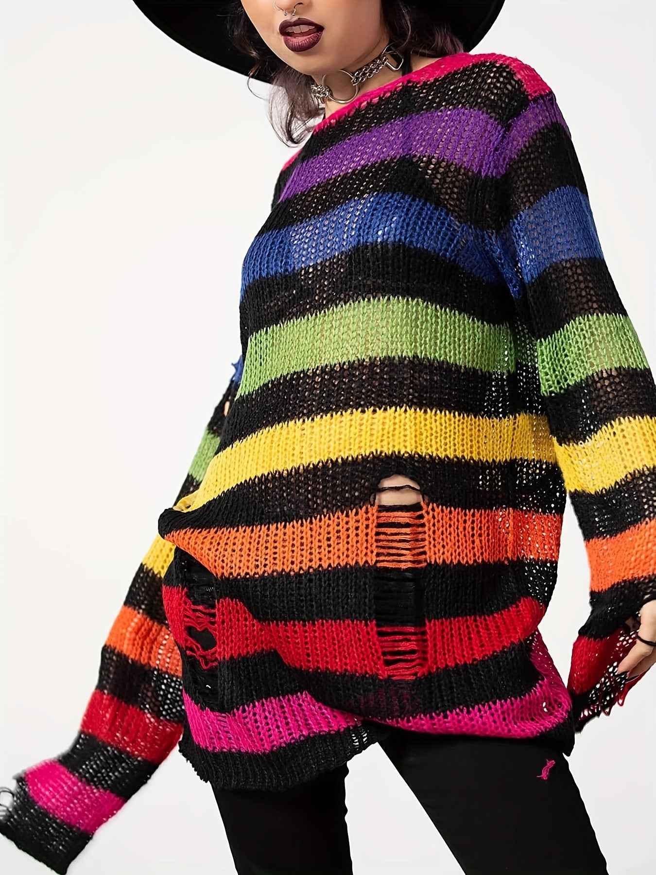 [Gothic Knitted Top] Gothic Long Loose-Fitting Knitted Top - Round Neck, Unique Torn Design with Contrasting Stripes